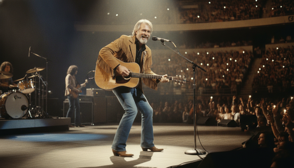 A vintage concert photo of Kenny Rogers performing on stage with a guitar in the 1970s or 80s showing his energetic pres