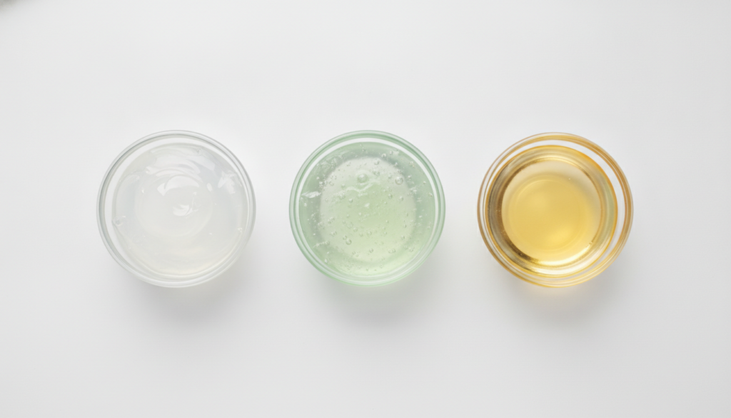 Three small clear glass bowls each containing one of the ingredients petroleum jelly aloe vera gel and baby oil neatly a
