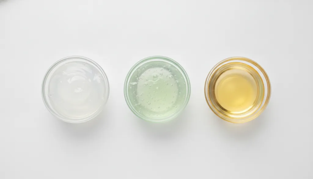Three small clear glass bowls each containing one of the ingredients petroleum jelly aloe vera gel and baby oil neatly a