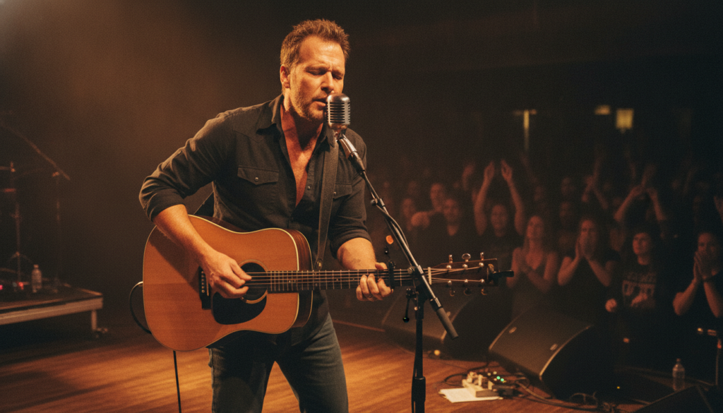 Kiefer Sutherland performing live on stage with an acoustic guitar singing into a microphone with stage lights in the ba
