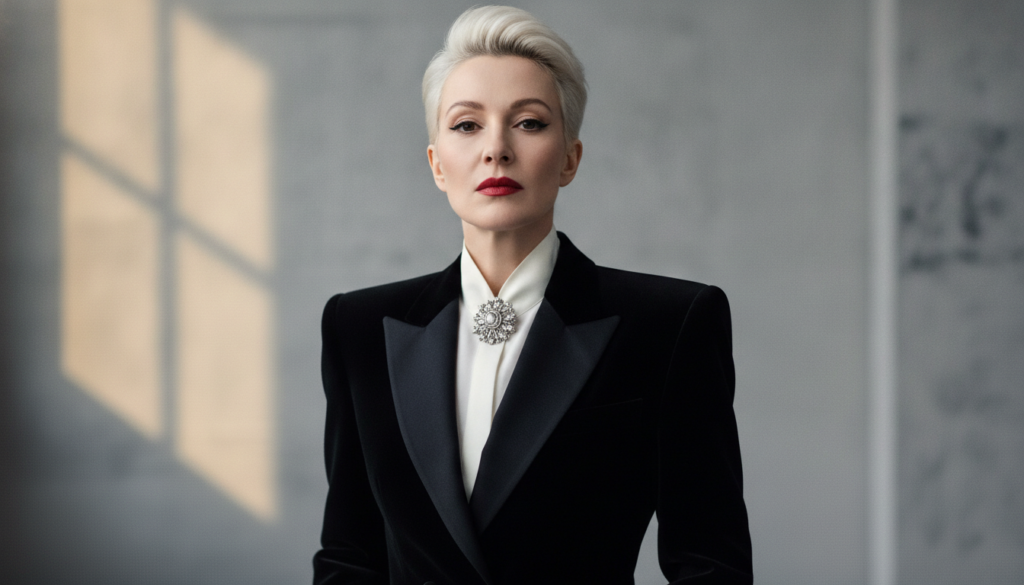 A real publicity photo of Annie Lennox from her solo career in the 1990s showcasing her sophisticated and strong visual