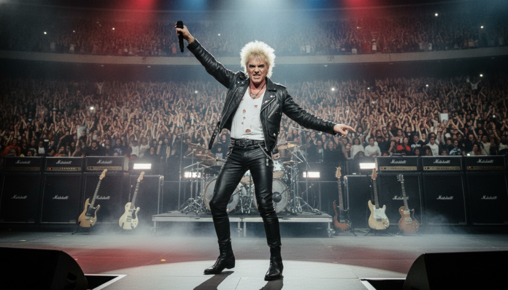 Billy Idol performing live on stage in the 1980s with his signature spiky blonde hair and a leather outfit electrifying 