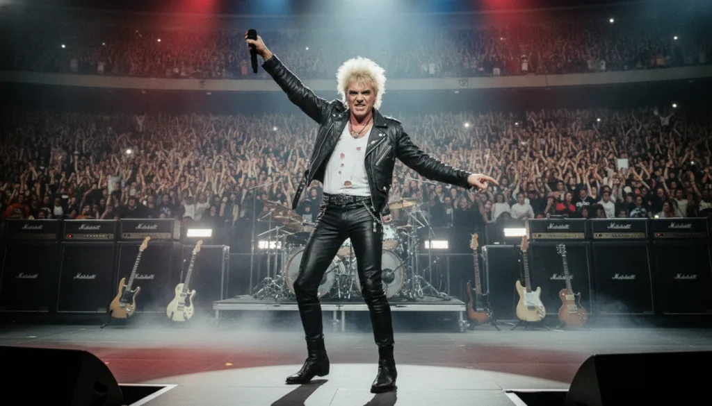 Billy Idol performing live on stage in the 1980s with his signature spiky blonde hair and a leather outfit electrifying 