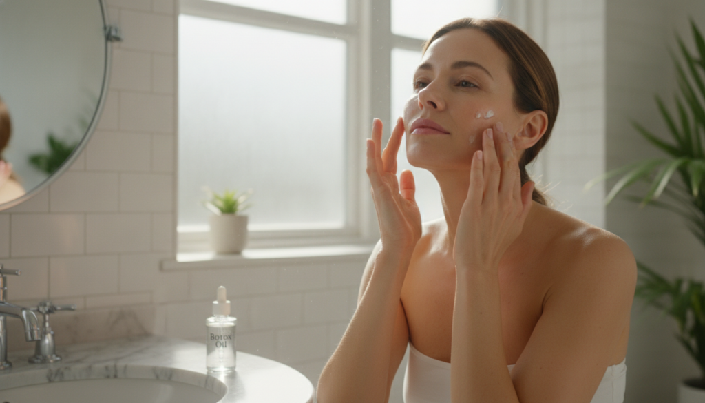 A woman gently massaging a small amount of the Botox Oil onto her clean face and neck after cleansing using her fingerti
