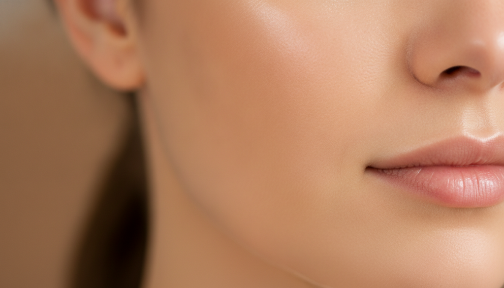 A close-up of glowing smooth skin on a woman s cheek suggesting a healthy and radiant complexion after consistent use of