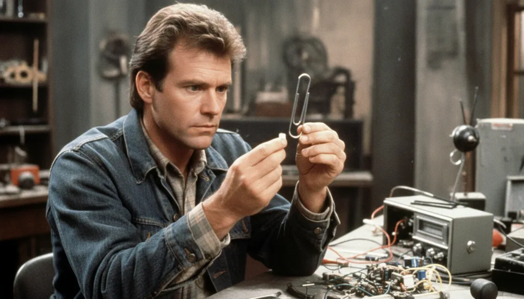 A publicity photo of Richard Dean Anderson as MacGyver in the 1980s perhaps holding a common object he s about to turn i