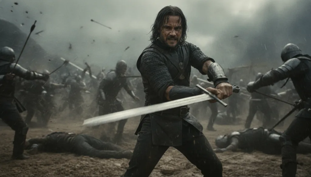 A still of Viggo Mortensen as Aragorn wielding his sword in a battle scene from The Lord of the Rings showing his dedica
