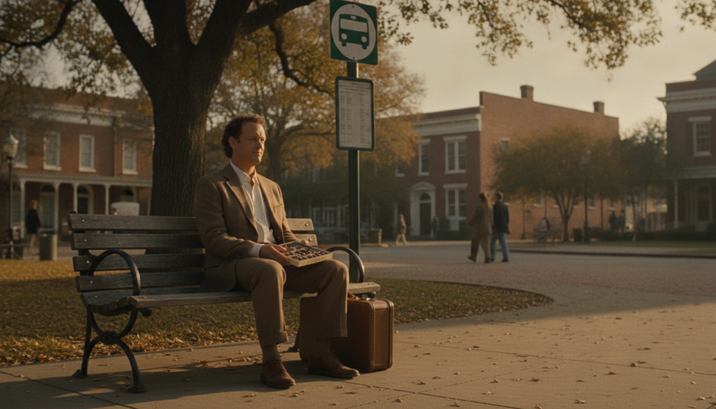 A real movie poster for the film Forrest Gump featuring Tom Hanks sitting on a bench with a box of chocolates