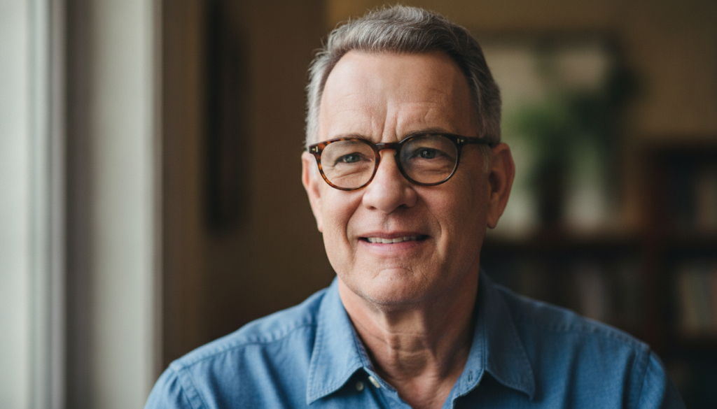 A more recent color portrait of an older Tom Hanks smiling and wearing glasses possibly at a public event