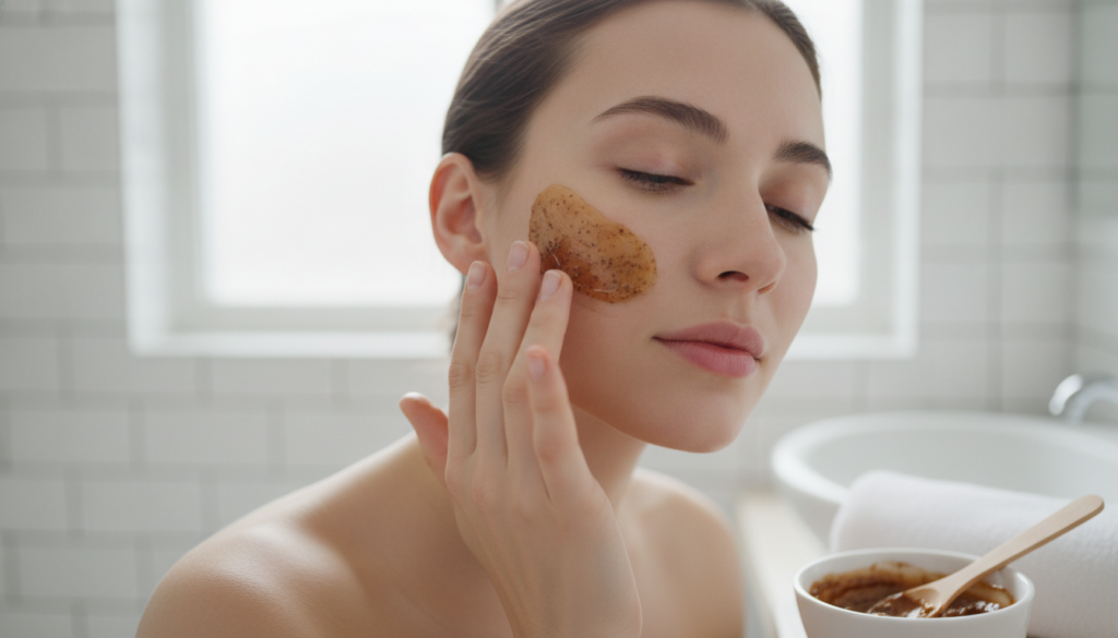 A woman gently applying a coffee and Vaseline face mask to her clean skin focused on her cheek in a well-lit bathroom