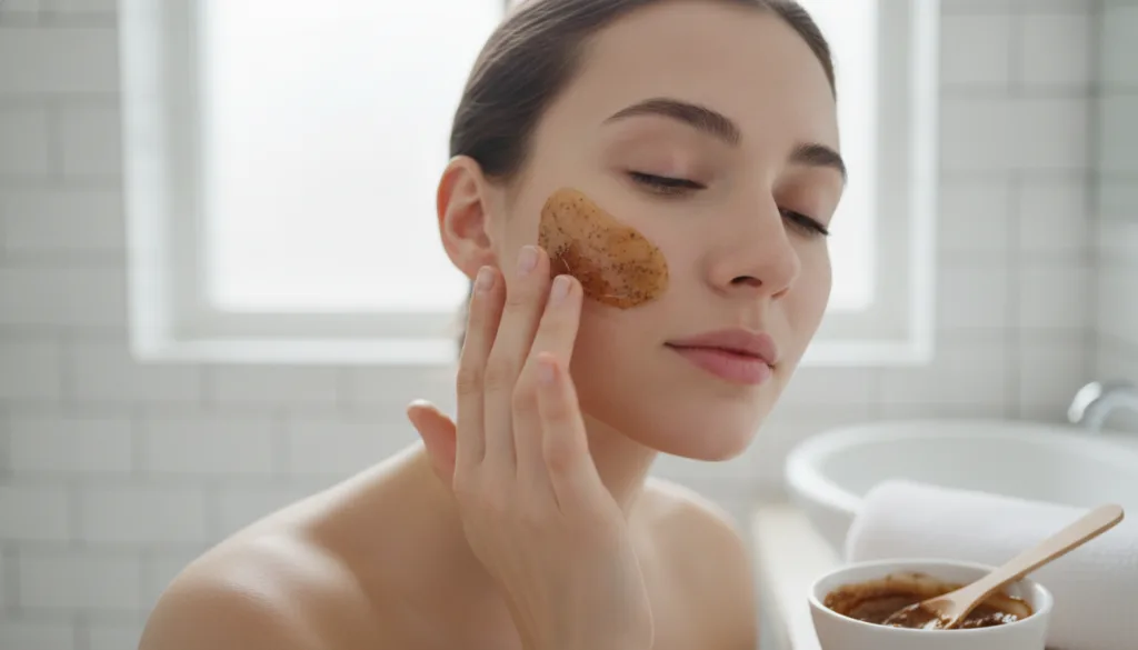 A woman gently applying a coffee and Vaseline face mask to her clean skin focused on her cheek in a well-lit bathroom
