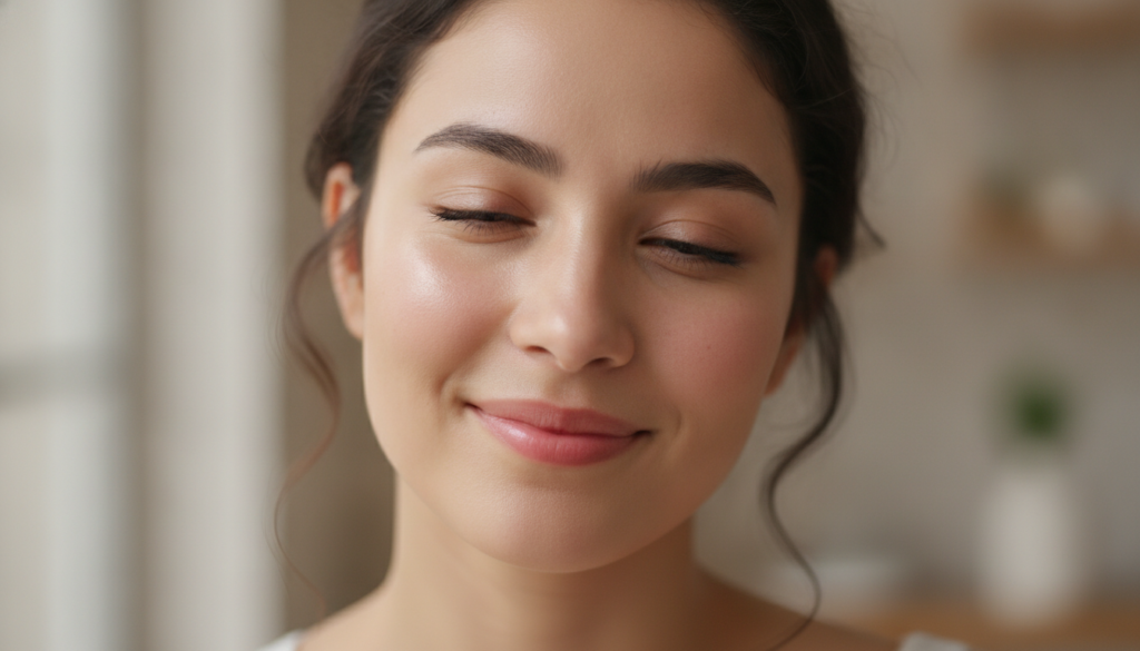 A woman with fresh glowing skin after using a face mask smiling subtly showcasing a healthy complexion