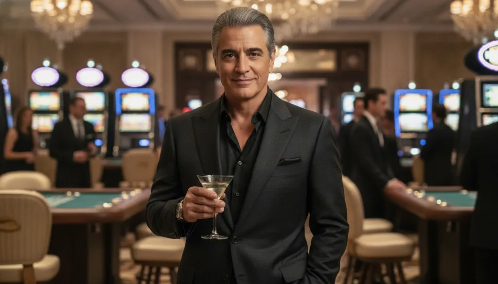 A promotional image of Andy Garcia as Terry Benedict from the Ocean s Eleven movie looking suave and sophisticated