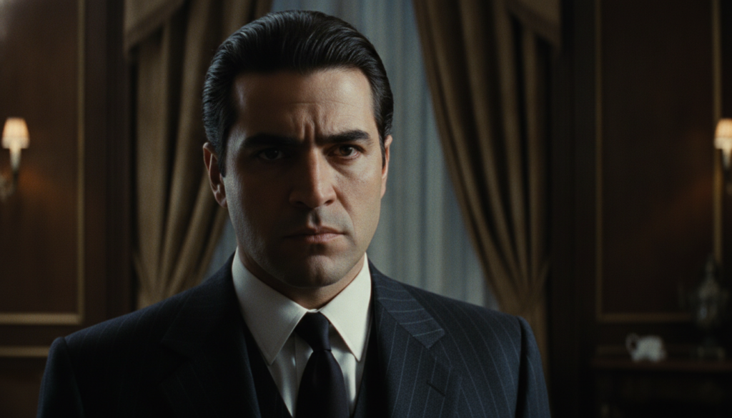 A movie still of Andy Garcia from The Godfather Part III portraying Vincent Corleone with a serious expression