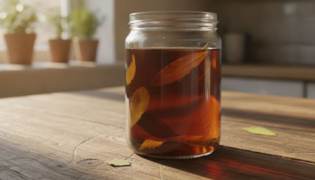 A clear glass jar filled with dark amber bay leaf infused water with dried bay leaves floating inside on a rustic wooden