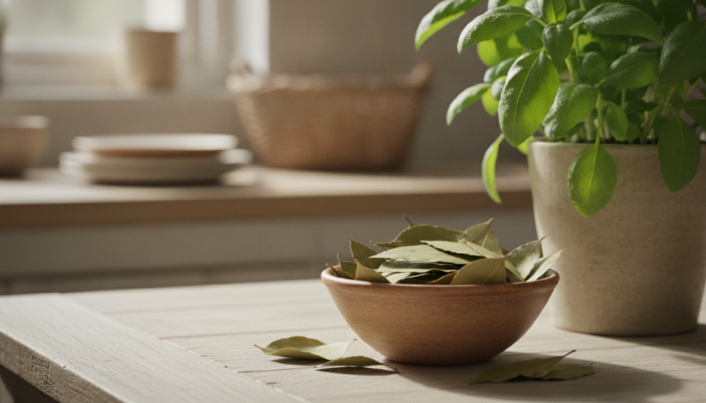 A small bowl of dried bay leaves next to a green plant highlighting the natural aspect of the ingredients