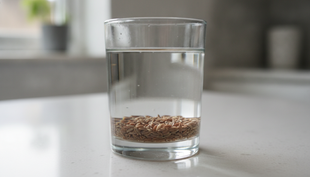A close-up shot of cumin seeds soaking in a glass of water on a kitchen counter