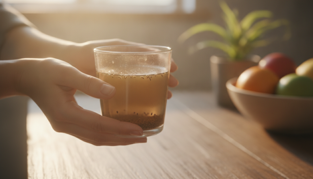 A person holding a glass of cumin water about to drink it in the morning