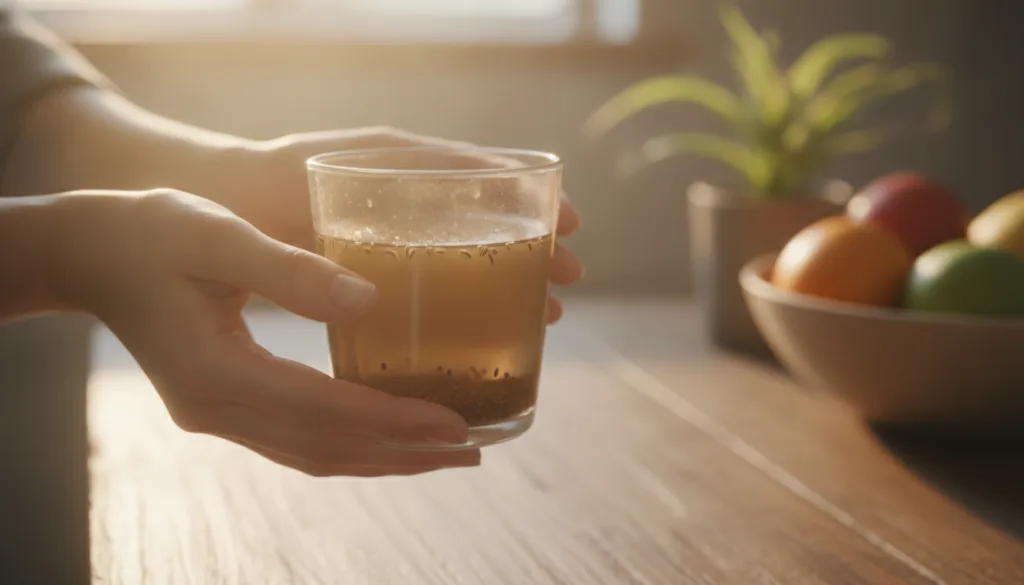 A person holding a glass of cumin water about to drink it in the morning
