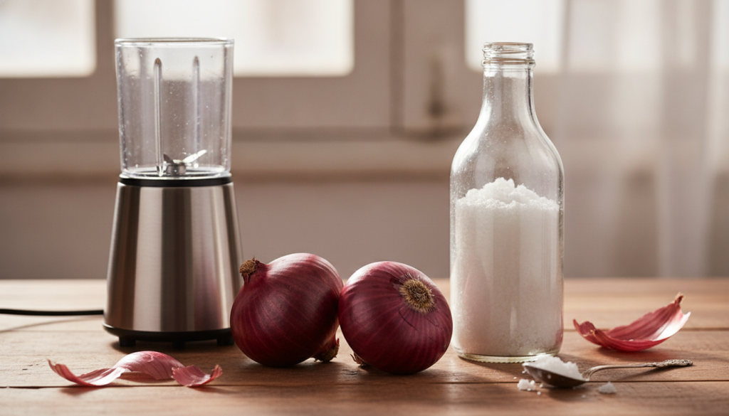 Ingredients for red onion oil including peeled red onions a bottle of coconut oil and a blender on a kitchen counter