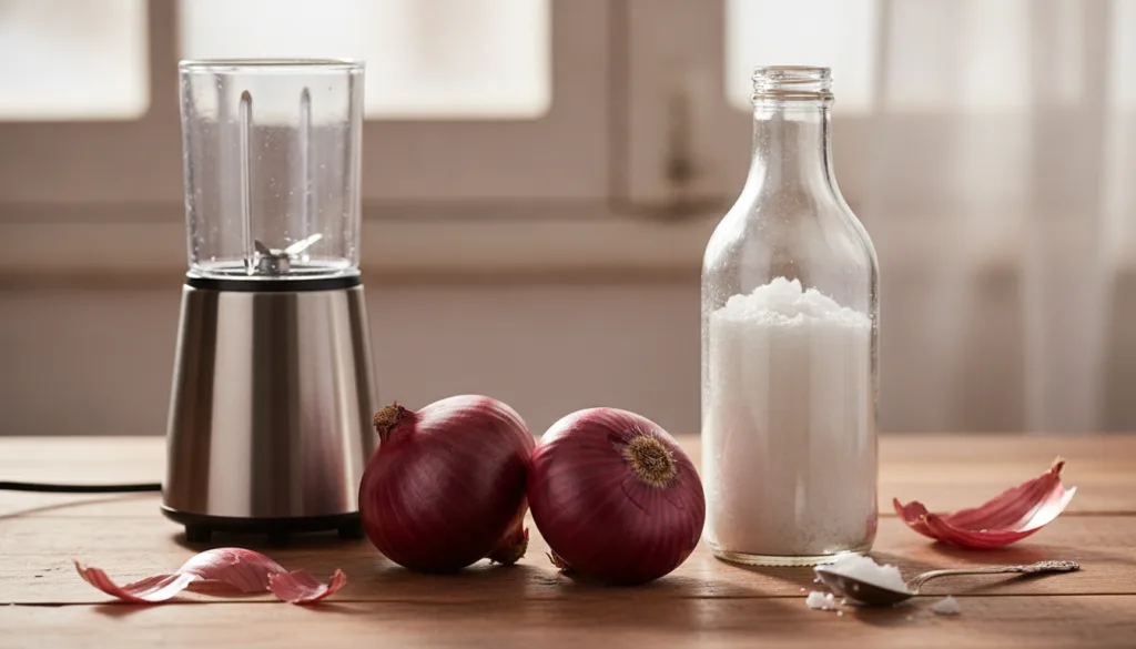 Ingredients for red onion oil including peeled red onions a bottle of coconut oil and a blender on a kitchen counter