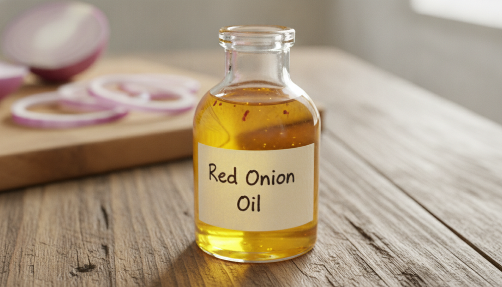 A small glass bottle filled with homemade red onion oil labeled placed on a wooden surface with some fresh red onion sli