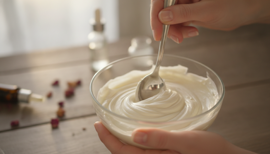 A close-up of hands mixing the DIY overnight face cream in a small glass bowl with a spoon showing the creamy texture fo