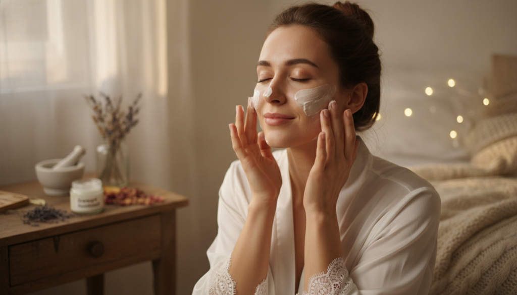 A woman gently applying the DIY overnight face cream to her face before bed with soft diffused lighting creating a calm 