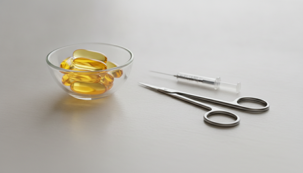 A small glass bowl with a few evening primrose oil capsules and a needle or small scissors next to it showing the prepar