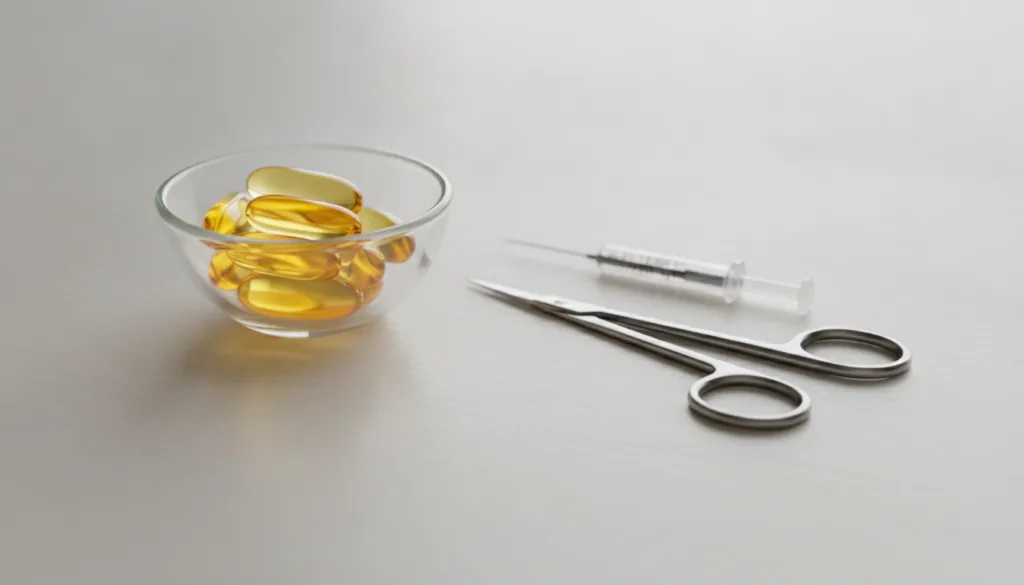 A small glass bowl with a few evening primrose oil capsules and a needle or small scissors next to it showing the prepar
