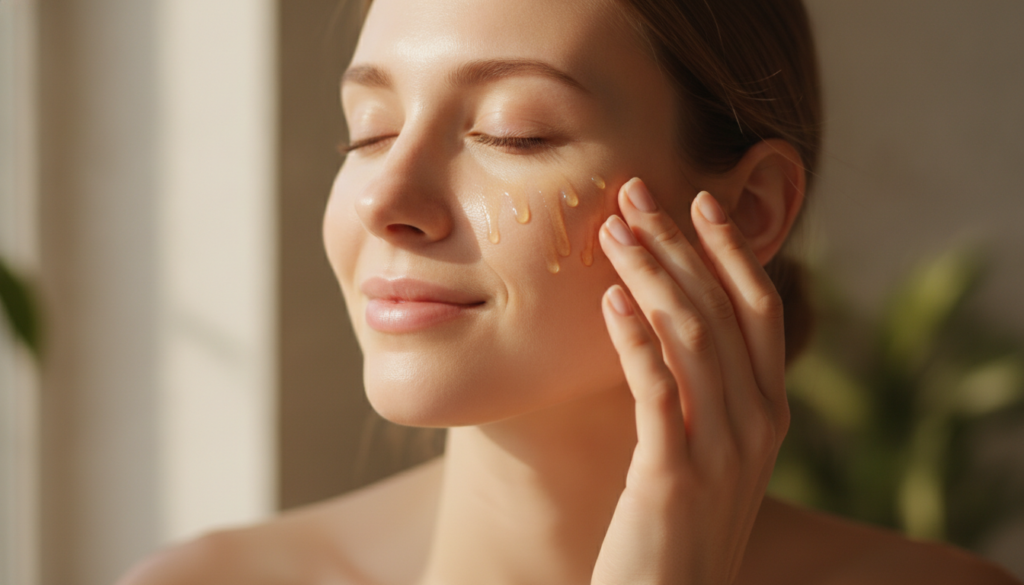 A close-up of a woman s hand gently massaging oil into her cheek highlighting soft glowing skin