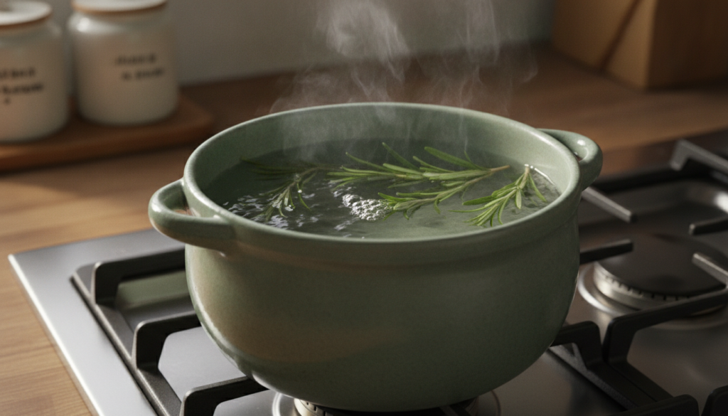 Fresh rosemary sprigs being simmered in a pot of water on a stove