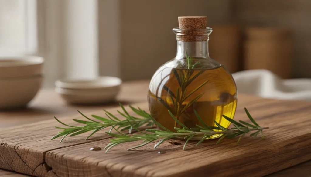 A dark glass bottle filled with golden rosemary-infused oil next to a few fresh rosemary sprigs