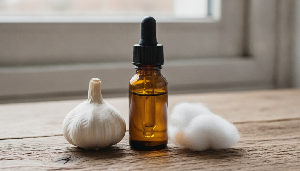 A small dark glass dropper bottle filled with golden garlic-infused oil next to a fresh garlic clove and a cotton ball