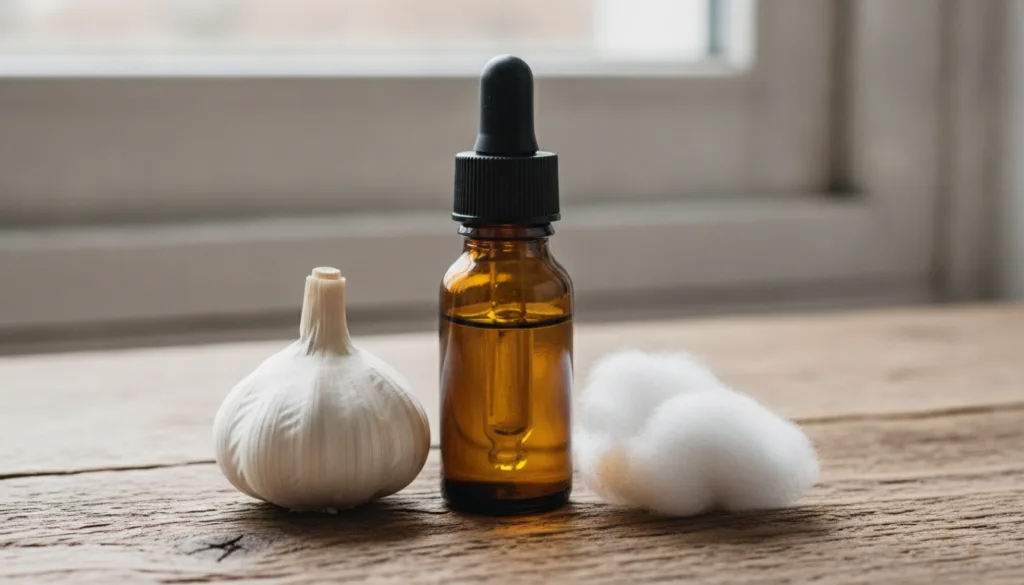 A small dark glass dropper bottle filled with golden garlic-infused oil next to a fresh garlic clove and a cotton ball