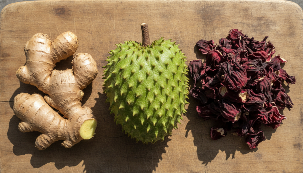 A collage of soursop fruit fresh ginger root and dried hibiscus flowers representing the ingredients for the tonic