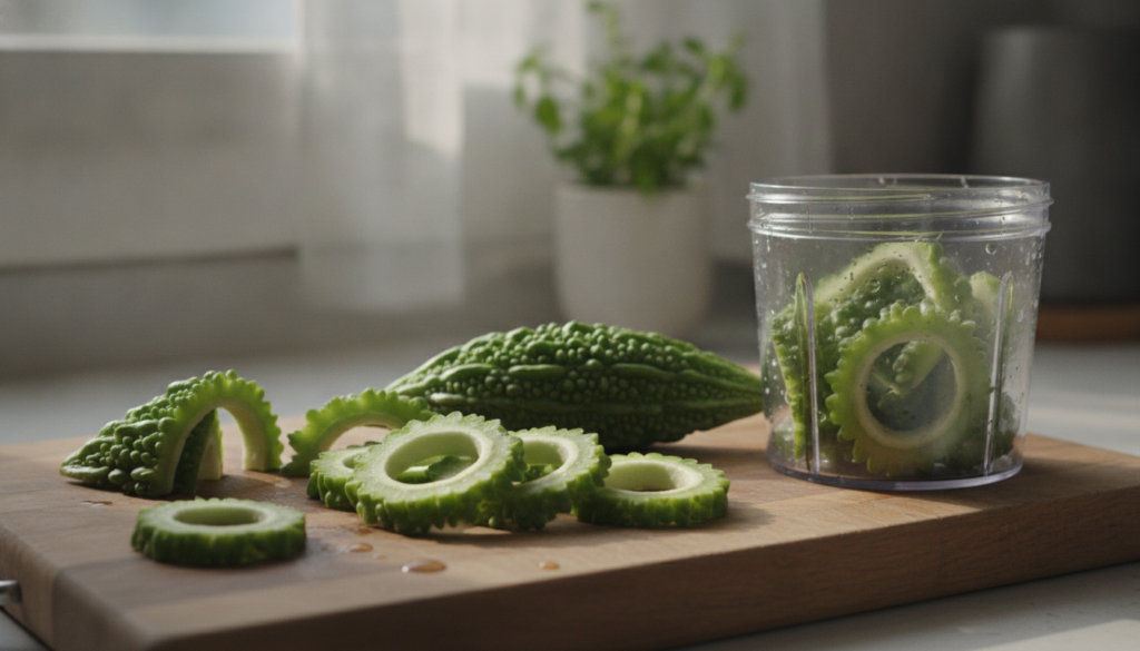 Fresh bitter melon Karela chopped and ready for blending with a blender in the background