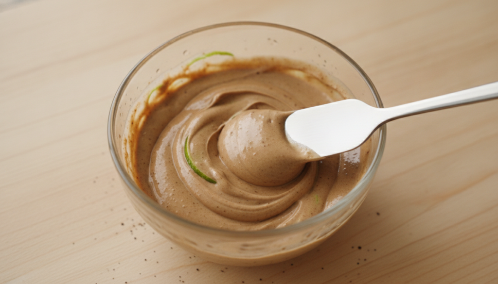 A close-up shot of a small bowl where Vaseline instant coffee powder and a few drops of lime juice are being mixed with 