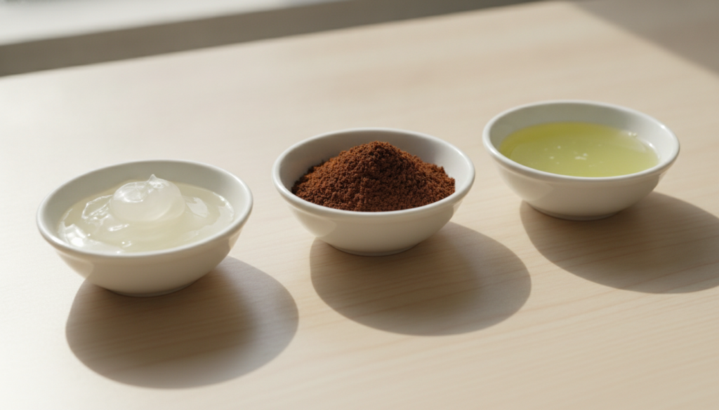 Three small separate bowls or containers each clearly holding one of the main ingredients Vaseline instant coffee powder