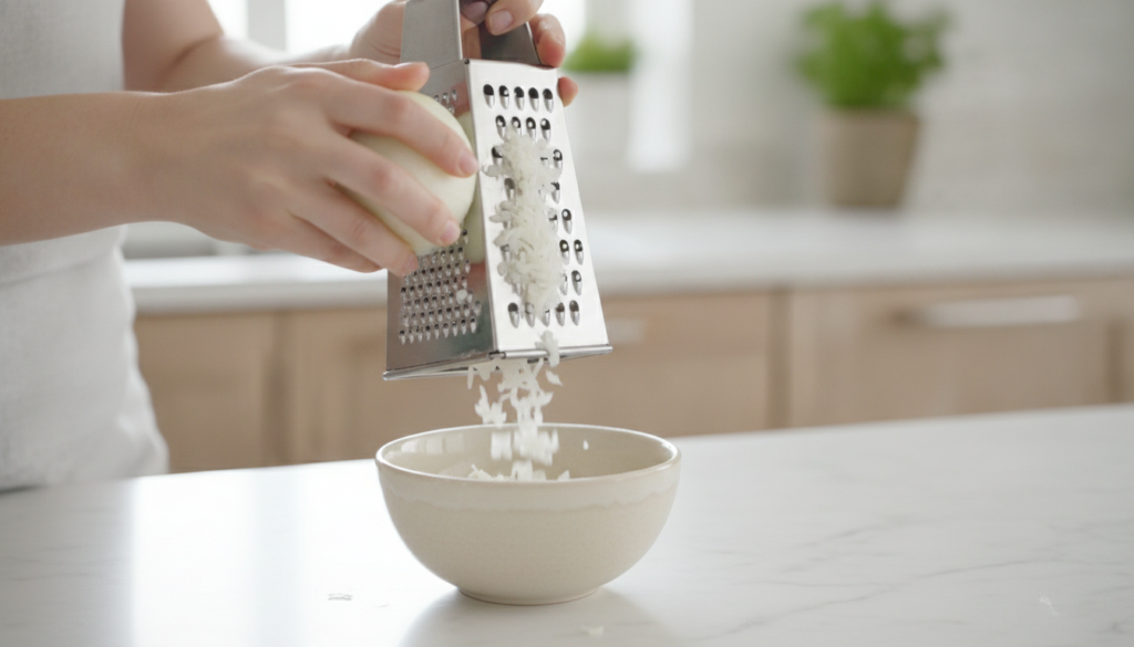 Hands grating a fresh onion into a bowl