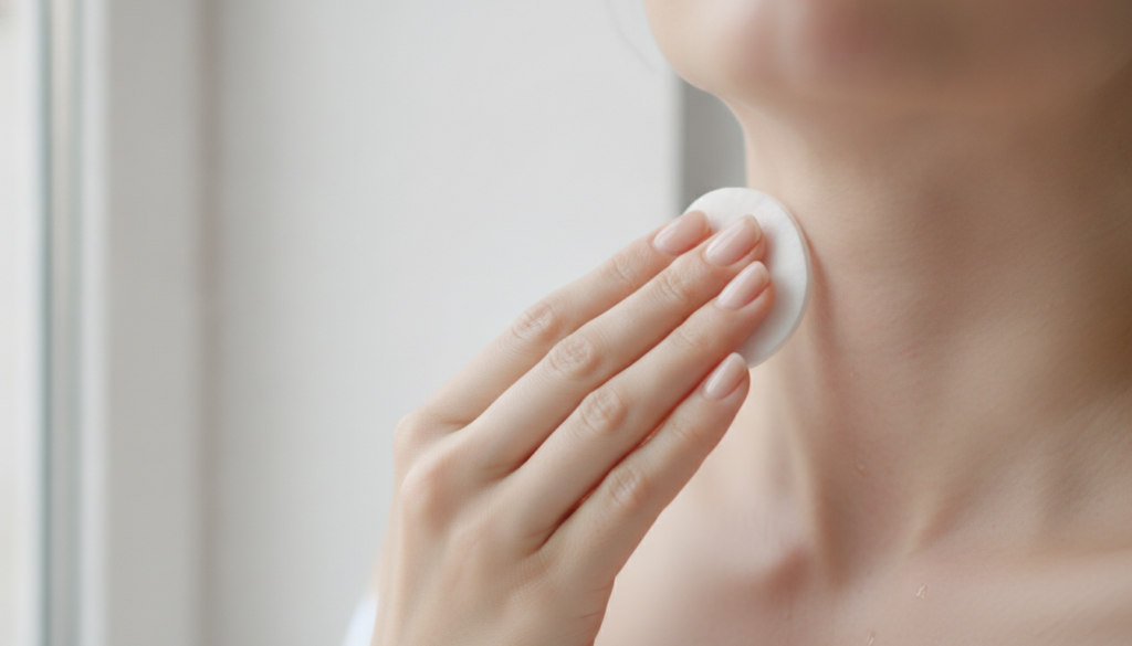 A person gently dabbing onion juice onto their neck with a cotton pad