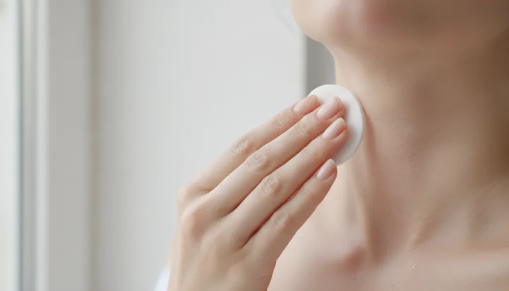 A person gently dabbing onion juice onto their neck with a cotton pad