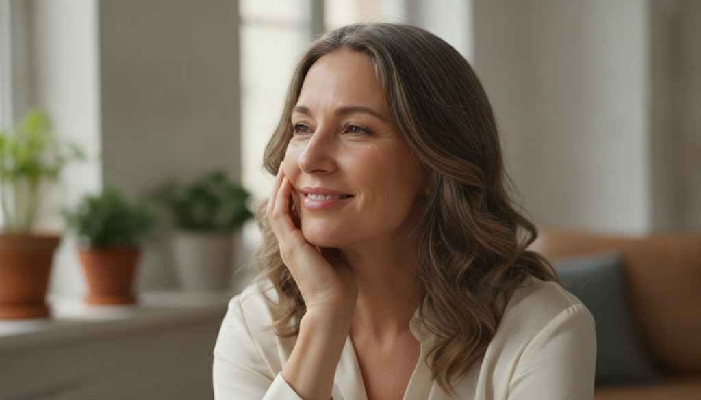 A woman gently touching her smooth radiant face showing a clear hydrated complexion