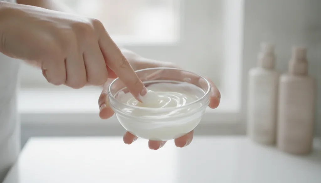 A person s hands gently mixing petroleum jelly and baby oil in a small bowl with a clean finger