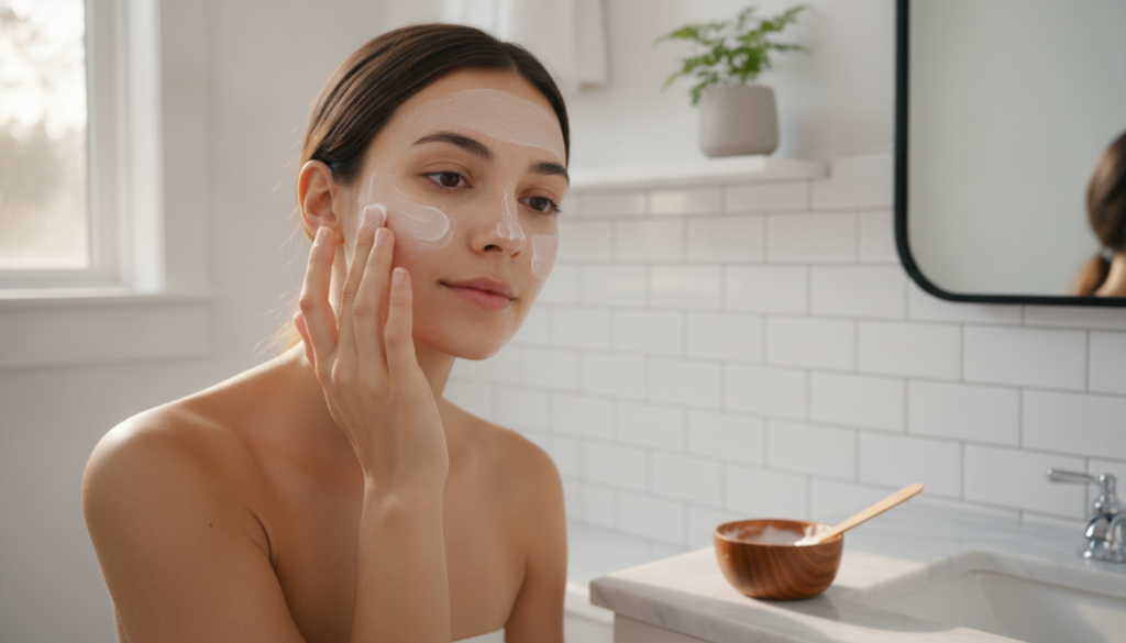 A person gently applying a homemade paste to their clean face focusing on areas like the forehead or chin in a soft well