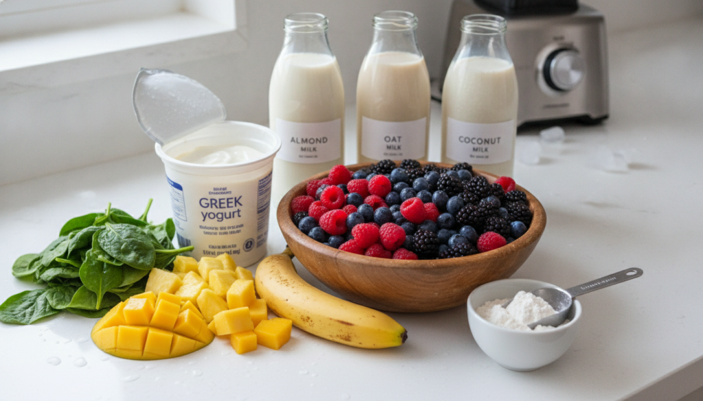 A close-up of fresh colorful smoothie ingredients laid out on a clean kitchen counter mixed berries spinach mango pineap