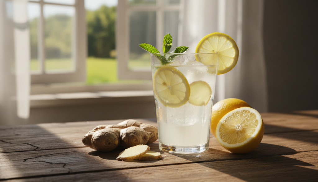 A beautifully arranged glass of lemon and ginger water on a rustic wooden table with fresh lemon slices ginger root and 