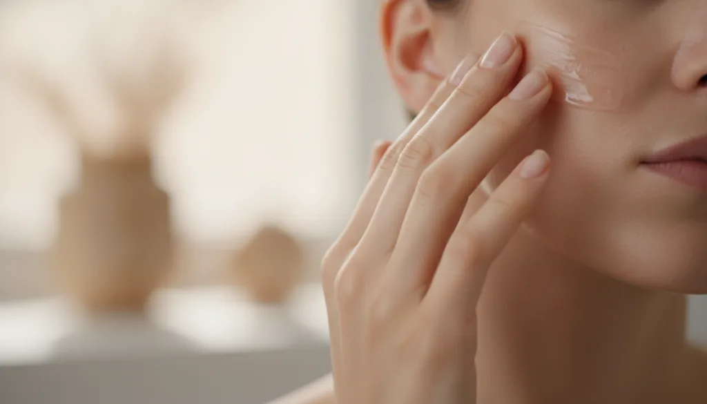 A person gently massaging the mixture of baby oil and Vaseline onto their face or neck demonstrating the application tec
