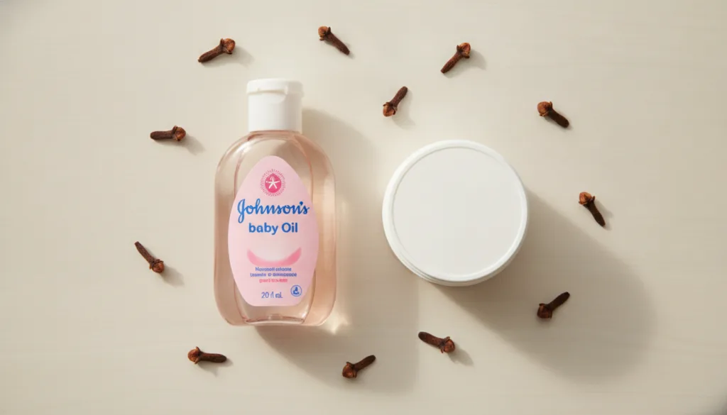 A still life arrangement of Johnson s Baby Oil bottle a jar of Vaseline and a few dried cloves indicating the ingredient