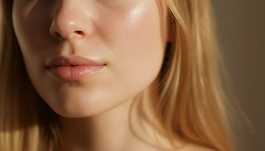 A close-up shot of a woman s radiant clear skin after using a face mask with a soft focus background and gentle lighting